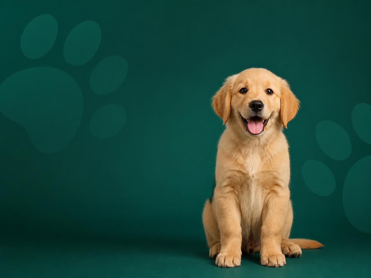 Filhote de golden retriever sobre fundo verde, identidade visual do aplicativo veterinário